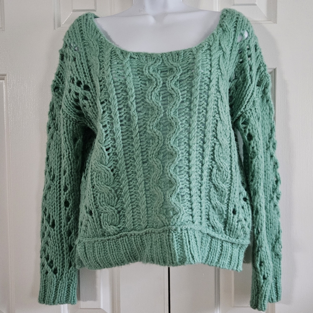 Free People Womens Sweater Fisherman XS Chunky Cable Knit Green Boxy Wool Mohair